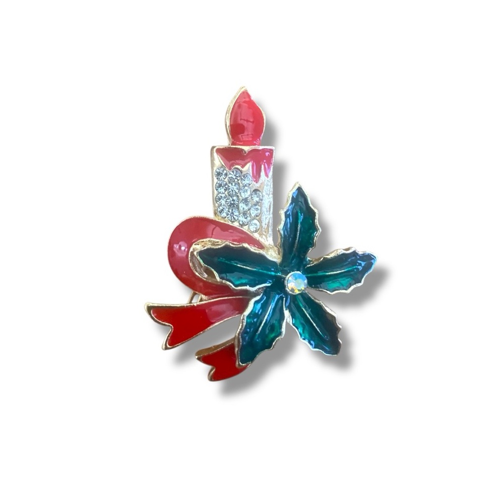 Christmas Sweater Brooch White Rhinestone Candle Red Bow Festive Holiday Pin